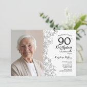 Elegant Zwart Wit Bloemen Foto 90e Verjaardag Kaart (Staand voorkant)