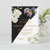 Elegant Zwart Wit Bloemen Foto Bruiloft Kaart (Staand voorkant)