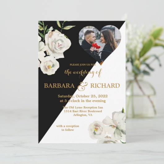 Elegant Zwart Wit Bloemen Foto Bruiloft Kaart (Staand voorkant)