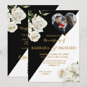 Elegant Zwart Wit Bloemen Foto Bruiloft Kaart (Voorkant / Achterkant)
