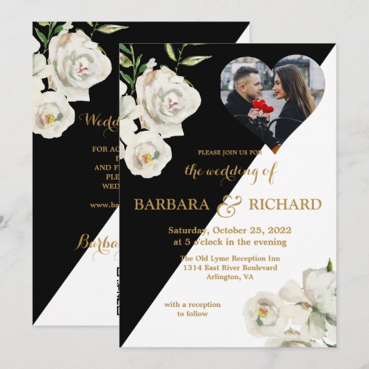 Elegant Zwart Wit Bloemen Foto Bruiloft Kaart (Voorkant / Achterkant)