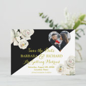 Elegant Zwart Wit Bloemen Foto Bruiloft Opslaan Da Kaart (Staand voorkant)