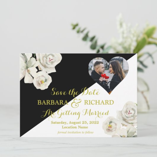 Elegant Zwart Wit Bloemen Foto Bruiloft Opslaan Da Kaart (Staand voorkant)