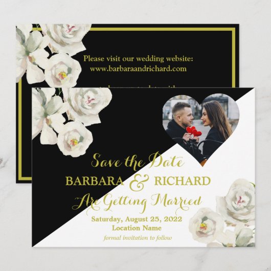 Elegant Zwart Wit Bloemen Foto Bruiloft Opslaan Da Kaart (Voorkant / Achterkant)