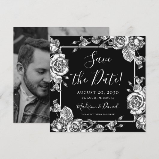 Elegant Zwart Wit Bloemen Foto Save the Date Kaart (Voorkant / Achterkant)