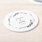 Elegant Zwart Wit Bloemen Krans Bruiloft Custom Ronde Kartonnen Onderzetter (Gebogen)