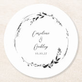 Elegant Zwart Wit Bloemen Krans Bruiloft Custom Ronde Kartonnen Onderzetter (Voorkant)