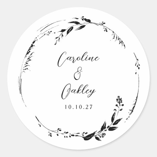 Elegant Zwart Wit Bloemen Krans Bruiloft Custom Ronde Sticker (Voorkant)