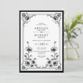 Elegant zwart wit bloemen lijst bruiloft kaart (Staand voorkant)