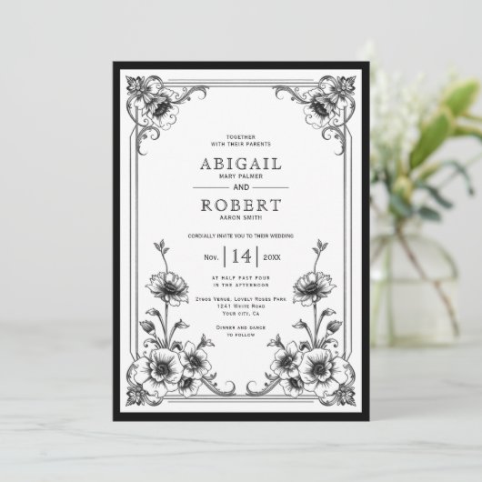 Elegant zwart wit bloemen lijst bruiloft kaart (Staand voorkant)