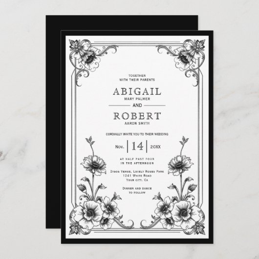 Elegant zwart wit bloemen lijst bruiloft kaart (Voorkant / Achterkant)