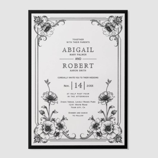 Elegant zwart wit bloemen lijst bruiloft vellum uitnodigingen (Voorkant)