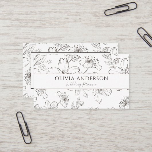 Elegant Zwart & Wit Bloemen Moderne Lijnkunst Visitekaartje (Voorkant / Achterkant in situ)