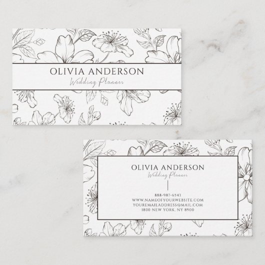 Elegant Zwart & Wit Bloemen Moderne Lijnkunst Visitekaartje (Voorkant / Achterkant)