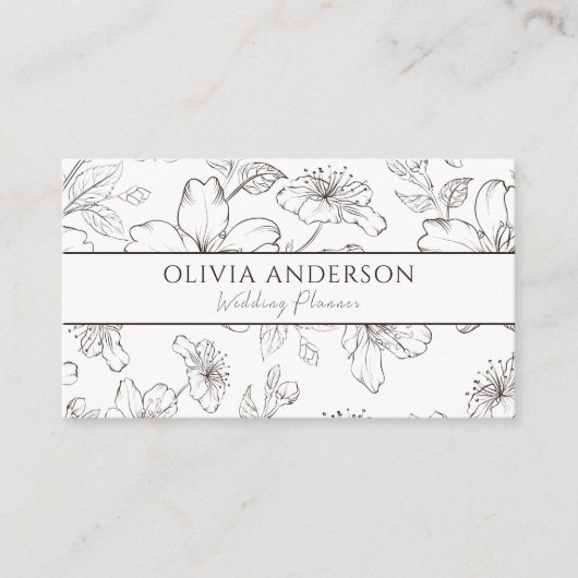 Elegant Zwart & Wit Bloemen Moderne Lijnkunst Visitekaartje (Voorkant)