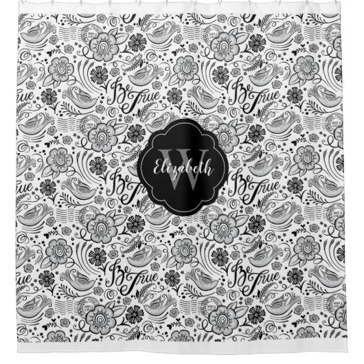 Elegant zwart wit Bloemen Monogram Douchegordijn (Voorkant)