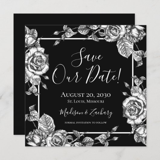 Elegant Zwart Wit Bloemen Save Our Date Kaart (Voorkant / Achterkant)