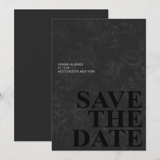 Elegant Zwart Wit Bloemen Save the Date Kaart (Voorkant / Achterkant)