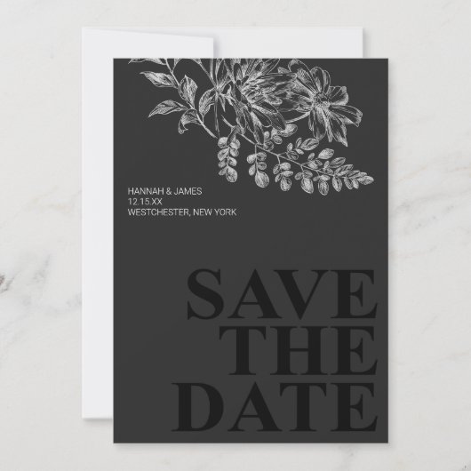 Elegant Zwart Wit Bloemen Save the Date Kaart (Voorkant)