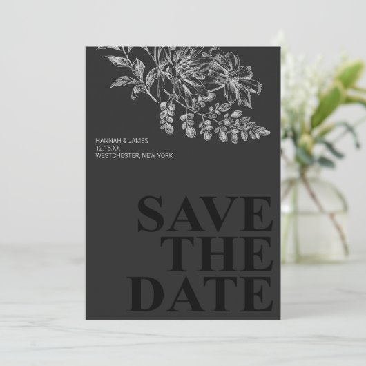 Elegant Zwart Wit Bloemen Save the Date Kaart (Staand voorkant)