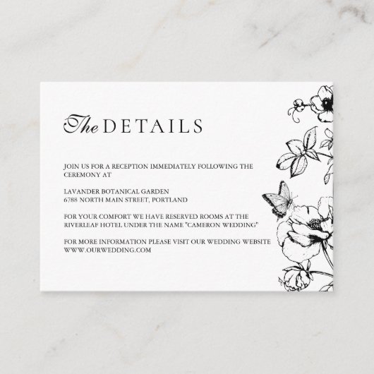 Elegant Zwart Wit Bloemen Tuin Bruiloft Details Informatiekaartje (Voorkant)
