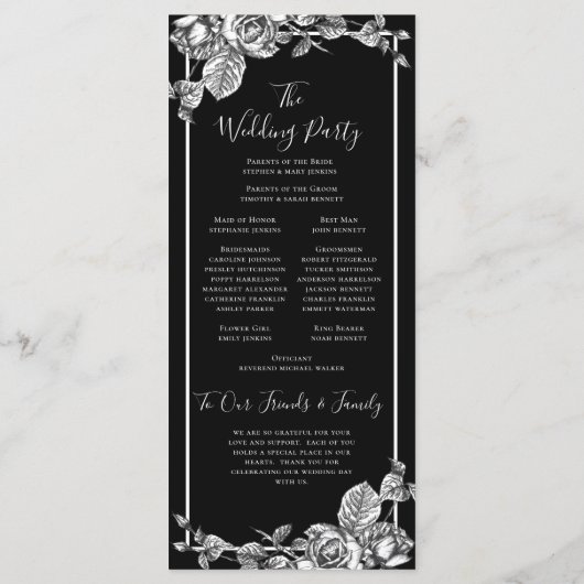 Elegant zwart wit bloemenbruiloft programma programmakaart (Achterkant)