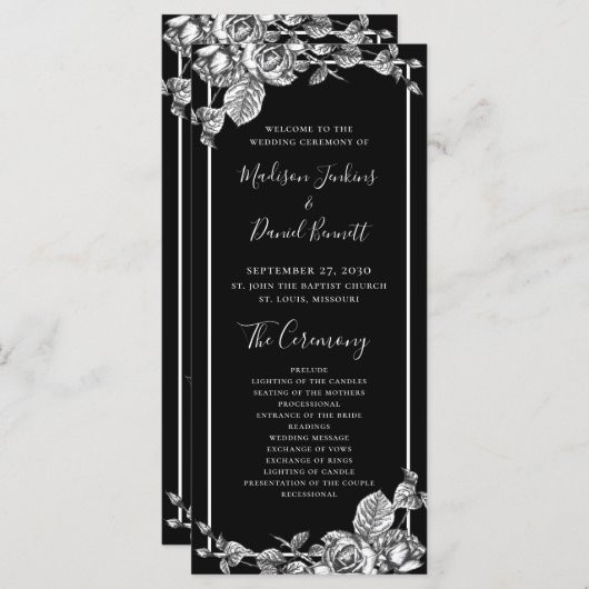 Elegant zwart wit bloemenbruiloft programma programmakaart (Voorkant / Achterkant)