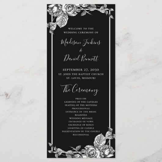 Elegant zwart wit bloemenbruiloft programma programmakaart (Voorkant)