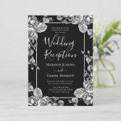 Elegant zwart wit bloemenbruiloft receptie kaart (Staand voorkant)