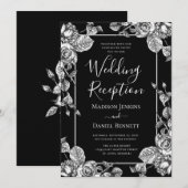 Elegant zwart wit bloemenbruiloft receptie kaart (Voorkant / Achterkant)
