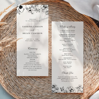 Elegant zwart wit bloemendesign trouwprogramma programmakaart