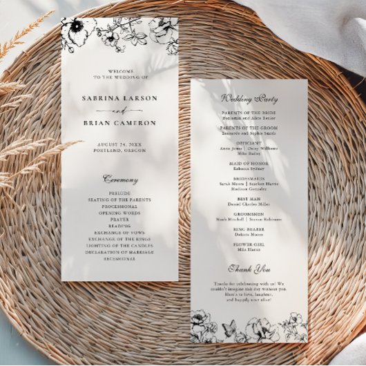 Elegant zwart wit bloemendesign trouwprogramma programmakaart