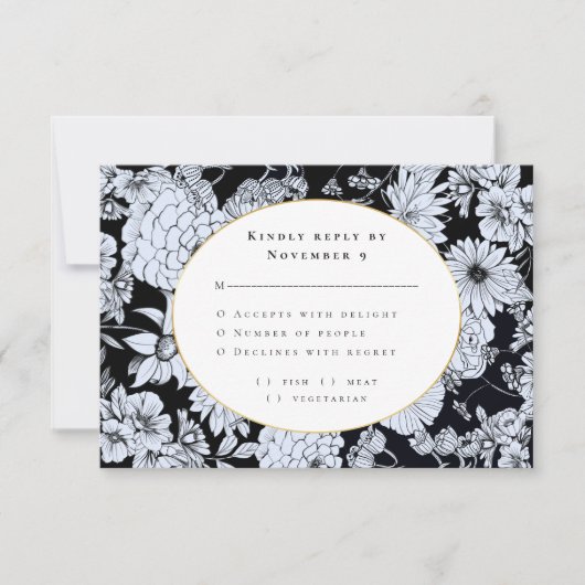 Elegant zwart wit bloemenhuwelijk RSVP Kaart (Voorkant)