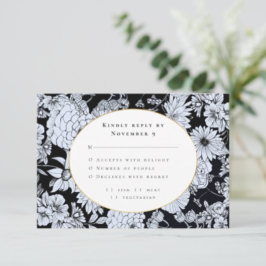 Elegant zwart wit bloemenhuwelijk RSVP Kaart (Staand voorkant)