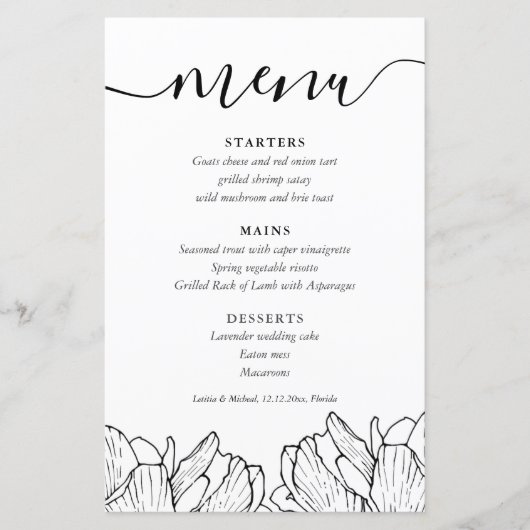Elegant zwart-wit bloemenhuwelijksmenu (Voorkant)