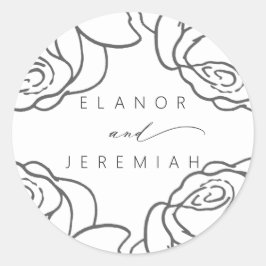 Elegant zwart wit bloemenkalligrafie bruiloft ronde sticker