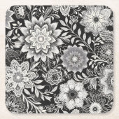 Elegant zwart-wit bloemenkantpatroon kartonnen onderzetters (Voorkant)