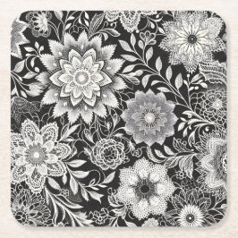 Elegant zwart-wit bloemenkantpatroon kartonnen onderzetters