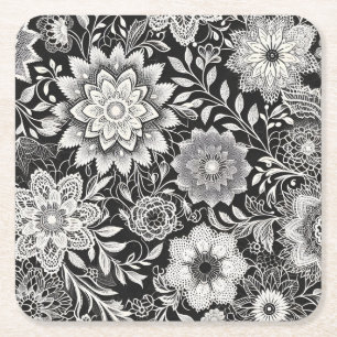 Elegant zwart-wit bloemenkantpatroon kartonnen onderzetters