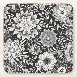 Elegant zwart-wit bloemenkantpatroon kartonnen onderzetters