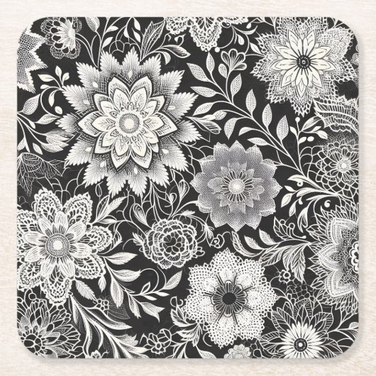 Elegant zwart-wit bloemenkantpatroon kartonnen onderzetters (Voorkant)
