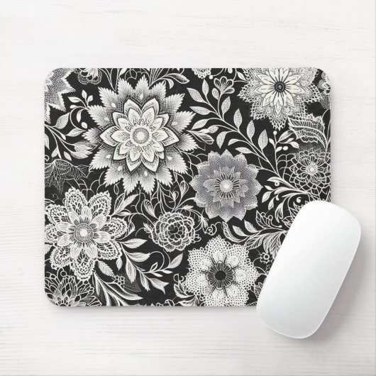 Elegant zwart-wit bloemenkantpatroon muismat (Met muis)