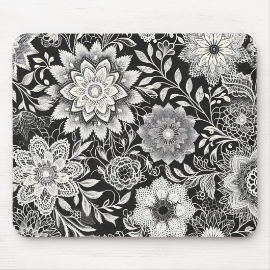 Elegant zwart-wit bloemenkantpatroon muismat (Voorkant)