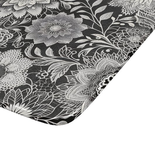 Elegant zwart-wit bloemenkantpatroon snijplank (Hoek)