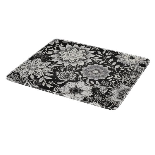 Elegant zwart-wit bloemenkantpatroon snijplank (Hoek)
