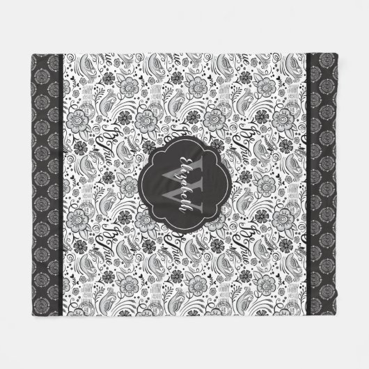 Elegant zwart wit bloemenmonogram fleece deken (Voorkant (Horizontaal))