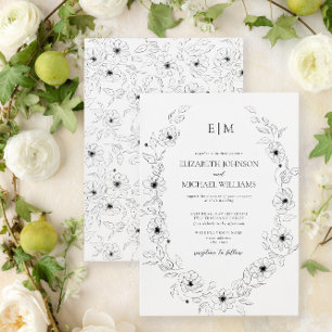 Elegant zwart & wit bloemige monogram bruiloft kaart