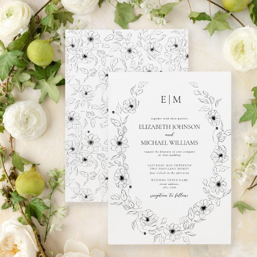 Elegant zwart & wit bloemige monogram bruiloft kaart