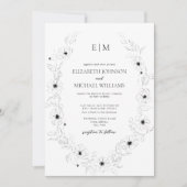 Elegant zwart & wit bloemige monogram bruiloft kaart (Voorkant)