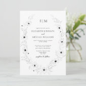 Elegant zwart & wit bloemige monogram bruiloft kaart (Staand voorkant)